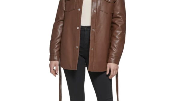 Kenneth Cole Faux Leather & Faux Shearling Belted Shirt Jacket