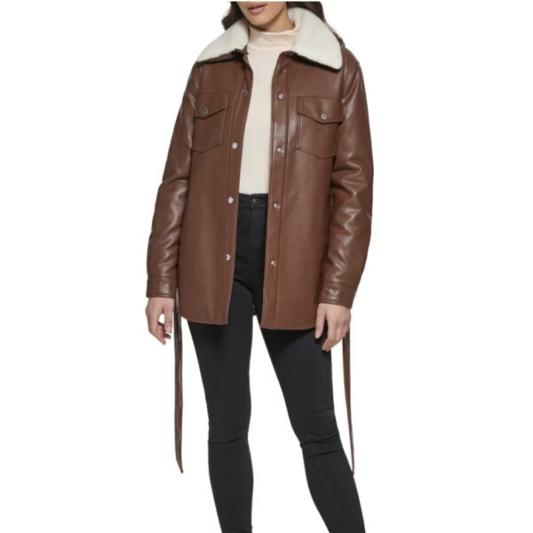 Kenneth Cole Faux Leather & Faux Shearling Belted Shirt Jacket