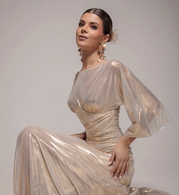 Goddiva Gravity Defying Shimmering Gold Maxi Dress