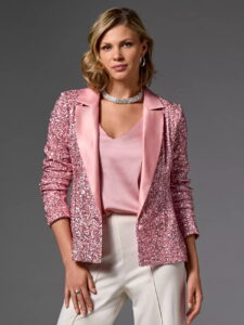 Pink Satin Collar Ruched Sleeve Sequin Blazer