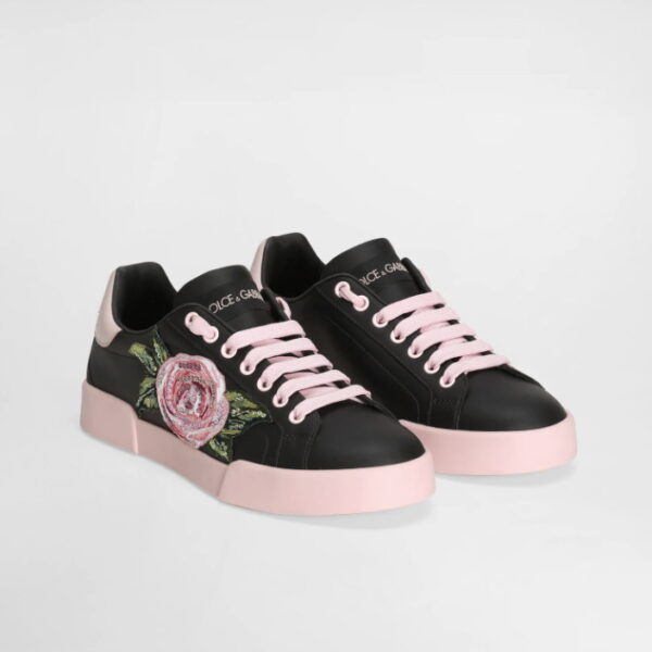 Dolce & Gabbana Black Floral Calfskin Portofino Light Sneakers