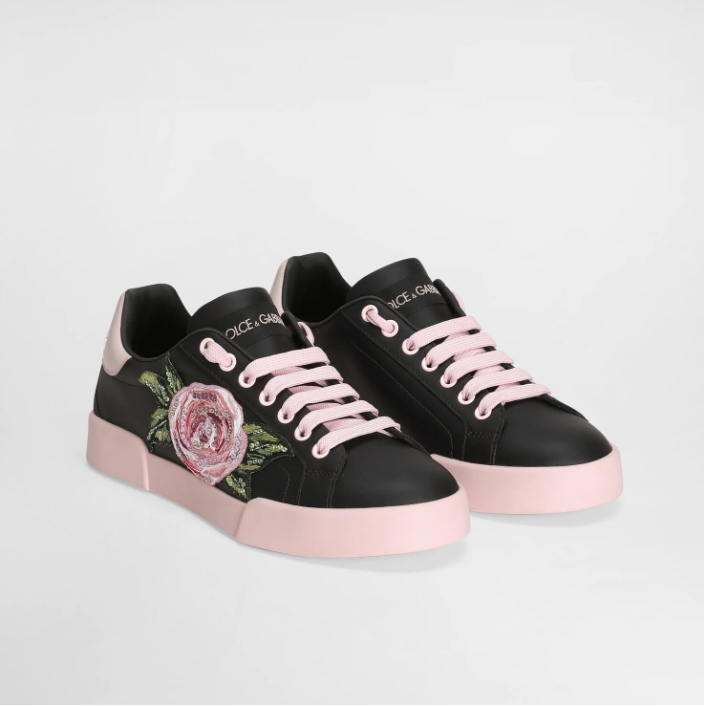 Dolce & Gabbana Black Floral Calfskin Portofino Light Sneakers