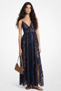 MICHAEL Michael Kors Navy Blue Corded Floral Lace Maxi Dress