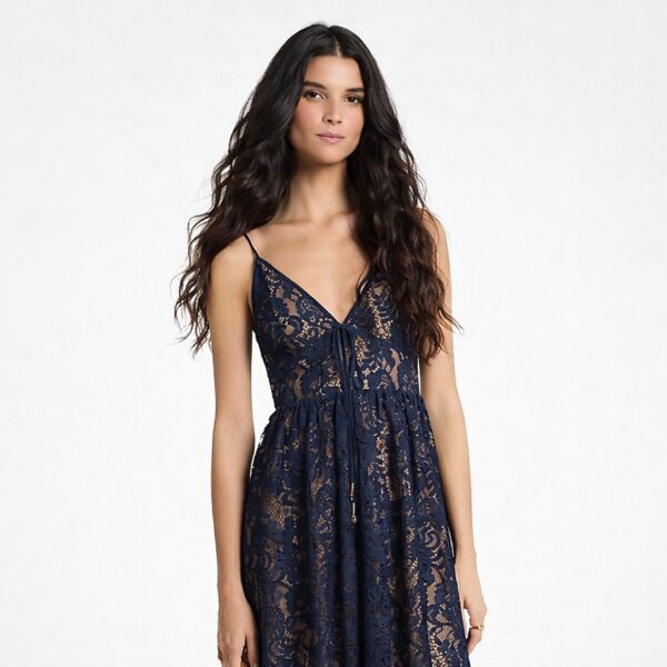 MICHAEL Michael Kors Navy Blue Corded Floral Lace Maxi Dress