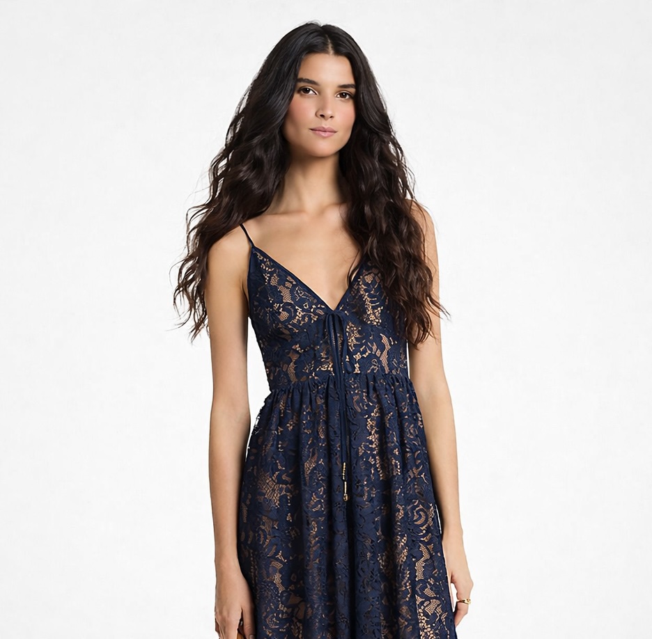MICHAEL Michael Kors Navy Blue Corded Floral Lace Maxi Dress