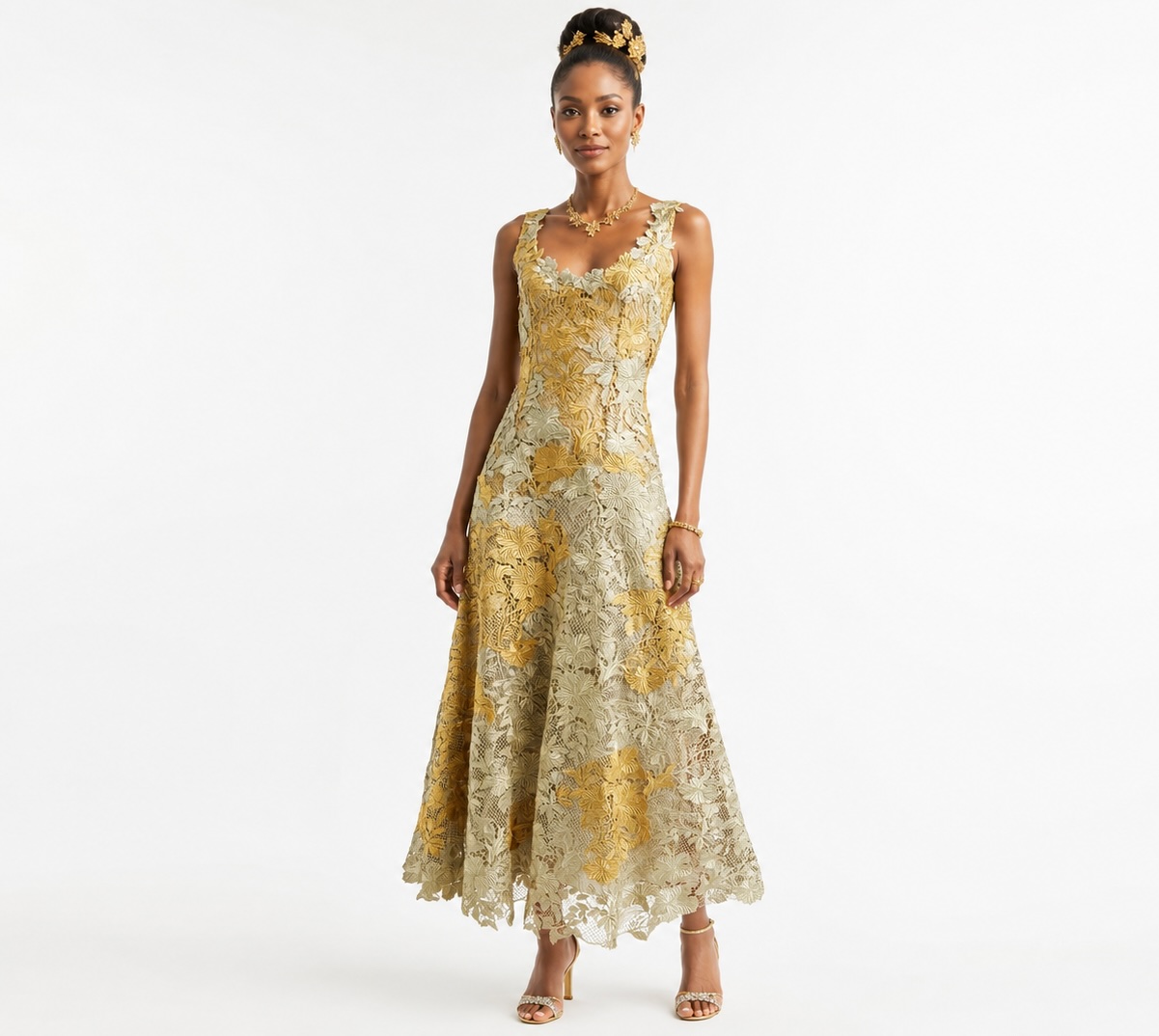 Oscar de la Renta Gold Hibiscus Metallic Guipure Lace Midi Dress Defines Designer Elegance