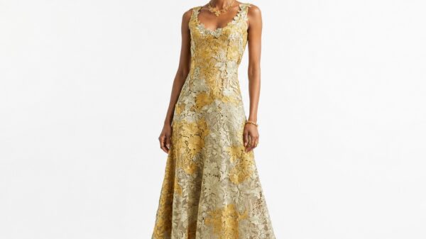 Oscar de la Renta Gold Hibiscus Metallic Guipure Lace Midi Dress