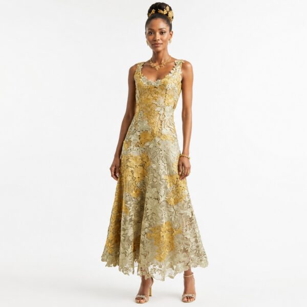 Oscar de la Renta Gold Hibiscus Metallic Guipure Lace Midi Dress