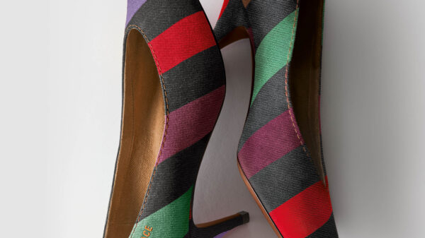 Versace Women Bring the Heat: Tina Striped Denim Pumps