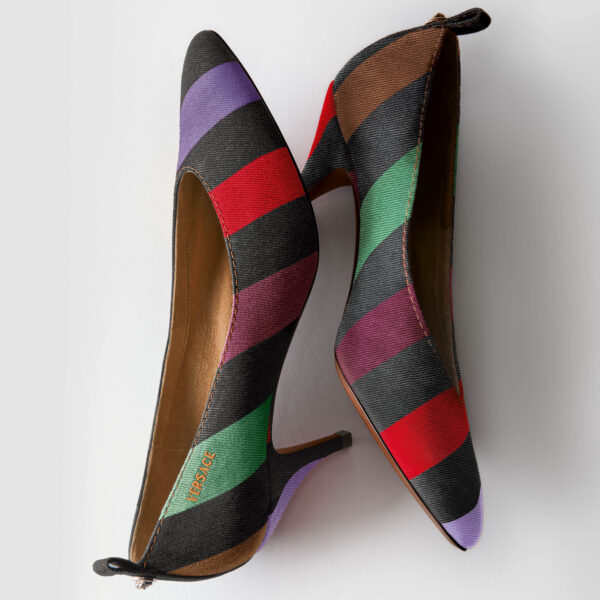 Versace Women Bring the Heat: Tina Striped Denim Pumps