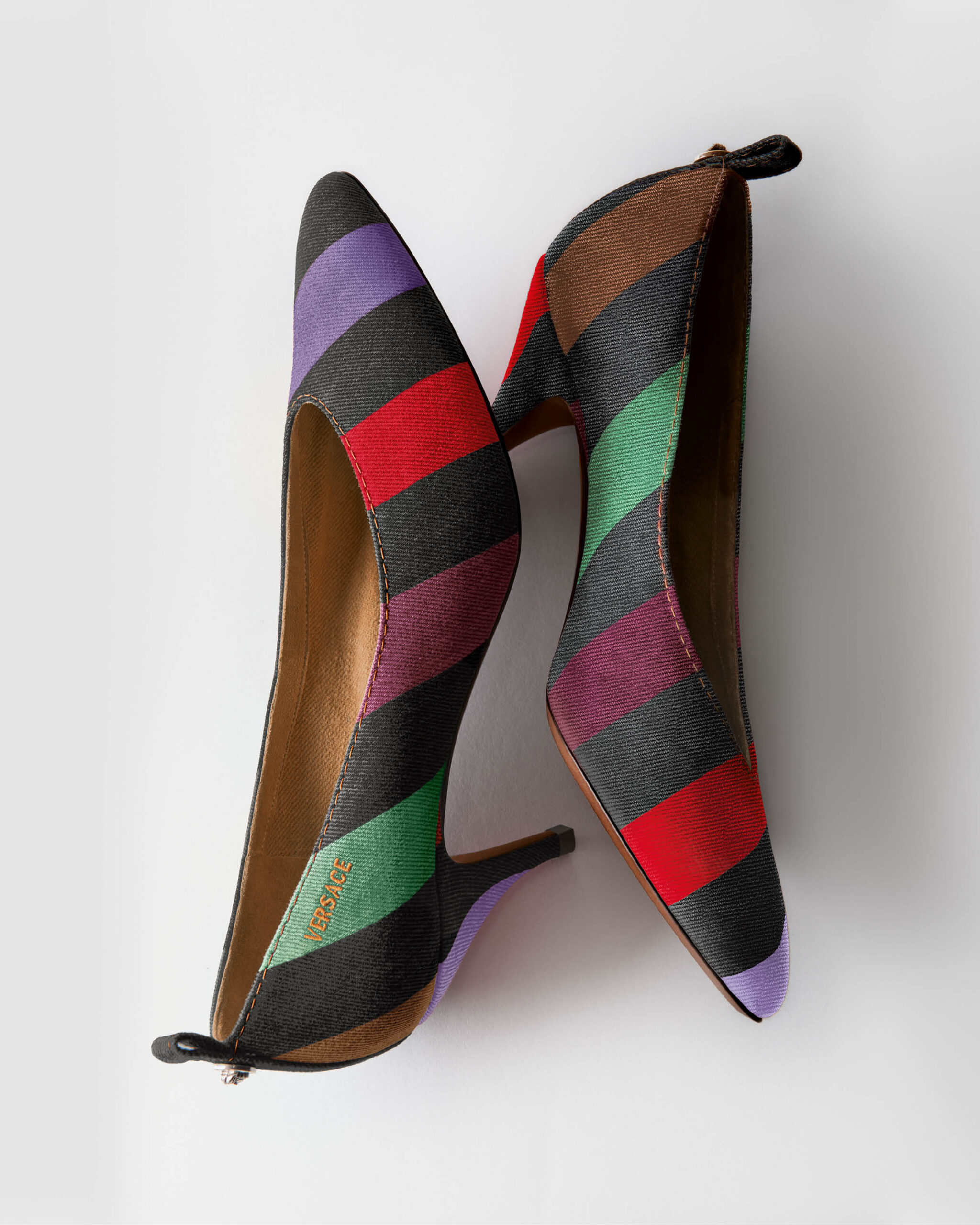 Versace Women Bring the Heat: Tina Striped Denim Pumps
